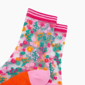 Ditsy Floral Combed Cotton Sheer Pop Socks In Orange, 2 of 4
