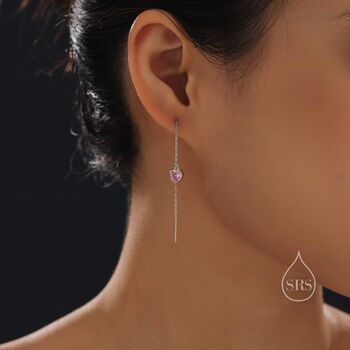 Tiny Pink Cz Heart Threader Earrings In Sterling Silver, 3 of 12