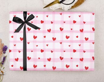 Valentine Wrapping Paper With Gingham Heart Design, Three Sheet Pack, 2 of 2