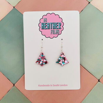 Pink Tinsel / Pink And Blue Christmas Tree Earrings Small And Large, 5 of 10