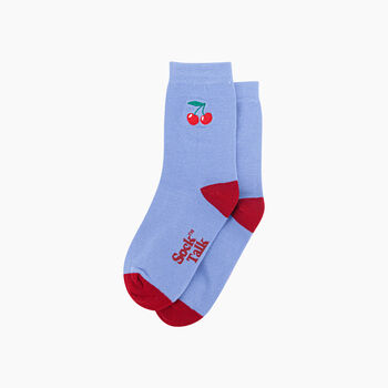 Embroidered Cherries Combed Cotton Socks In Blue, 3 of 4