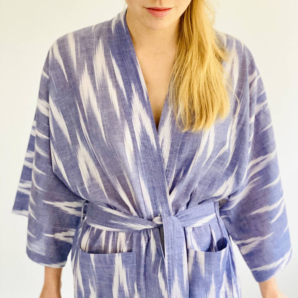 Cotton Wrap Kimono In Cornflower Blue Ikat Weave By Caro London