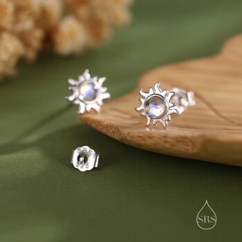 Tiny Sun Moonstone Stud Earrings In Sterling Silver, 5 of 12