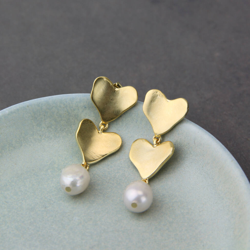 Brushed Hearts And Baroque Pearls Stud Long Earrings By Vintage Lane