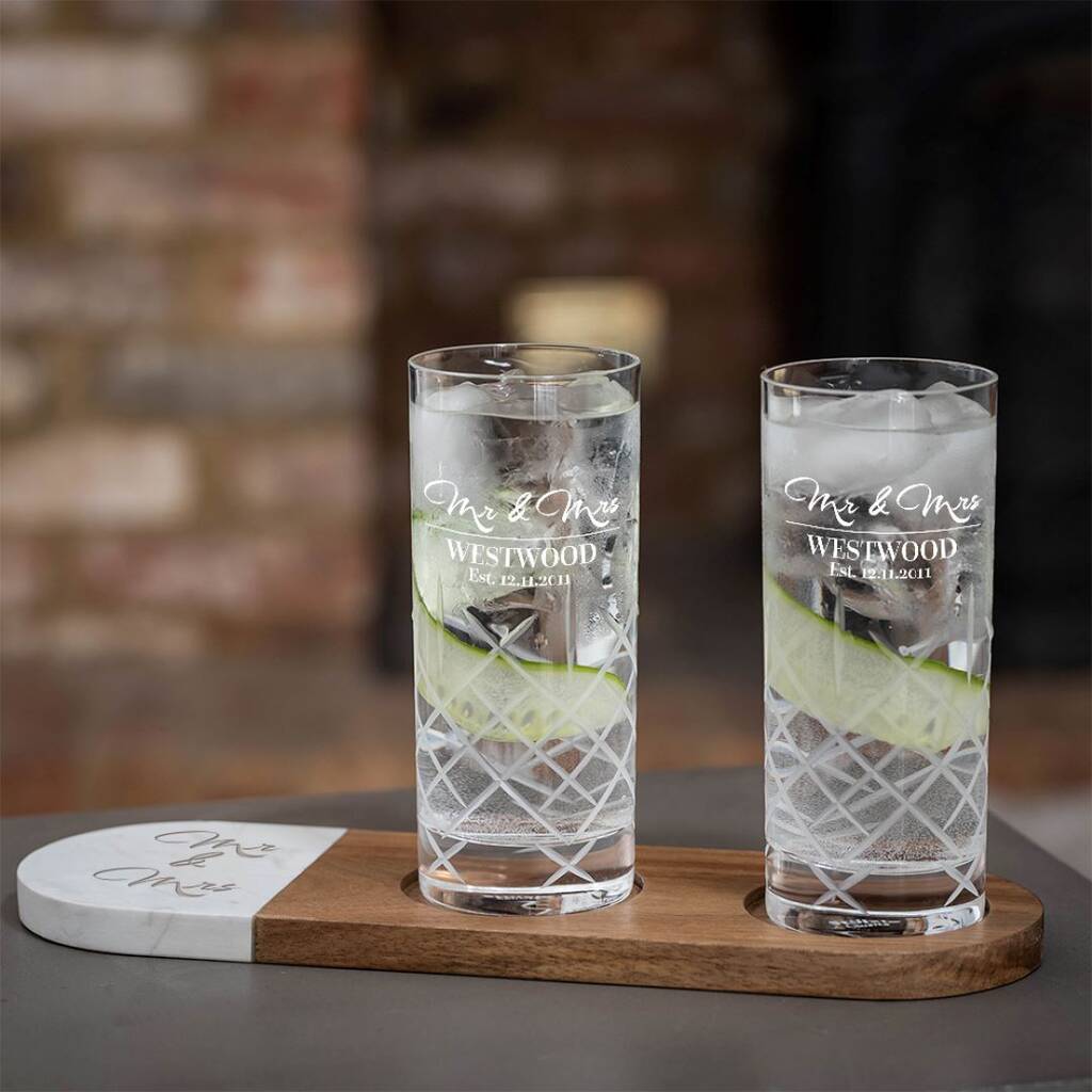 Personalised Wedding Gin Glasses And Serving Tray Set By