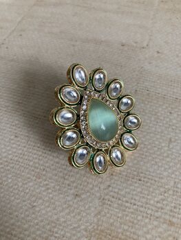 Indian Mint Green Gold Plated Teardrop Kundan Ring, 3 of 3