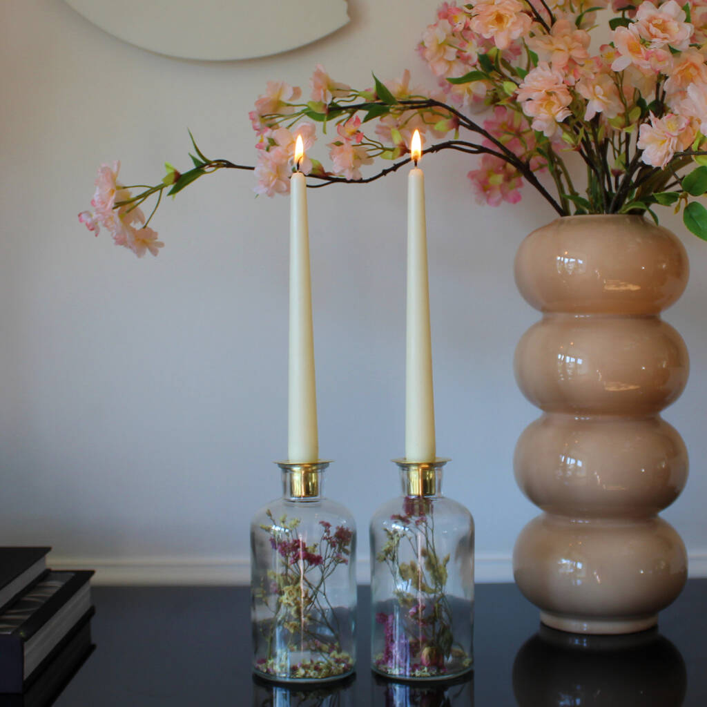 Dried Flower Candlesticks Set With Taper Candles By The Flower