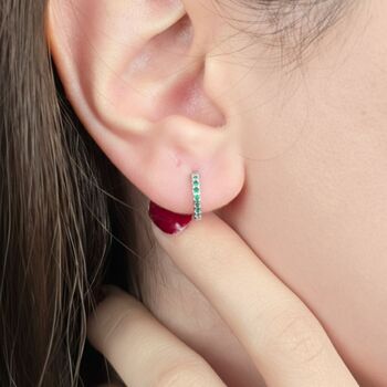 Emerald May Birthstone Small Silver Huggie Hoops, 2 of 5