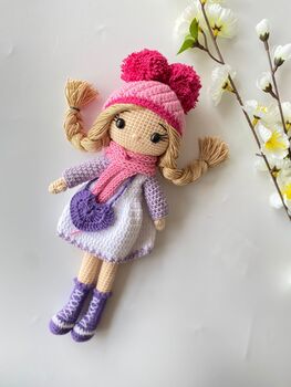 Organic Hand Knitted Doll With Cute Dress For Girls, 8 of 12