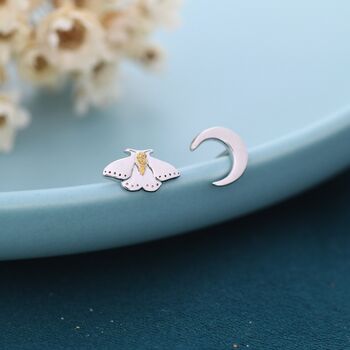 Sterling Silver Moth And Moon Stud Earrings, 2 of 9