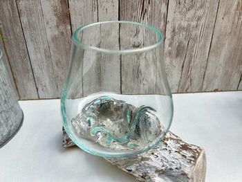 Molten Glass Round Bowl On Whitewashed Teak Root Base, 6 of 8