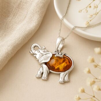 Personalised Sterling Silver Elephant Necklace With Baltic Amber, 2 of 8