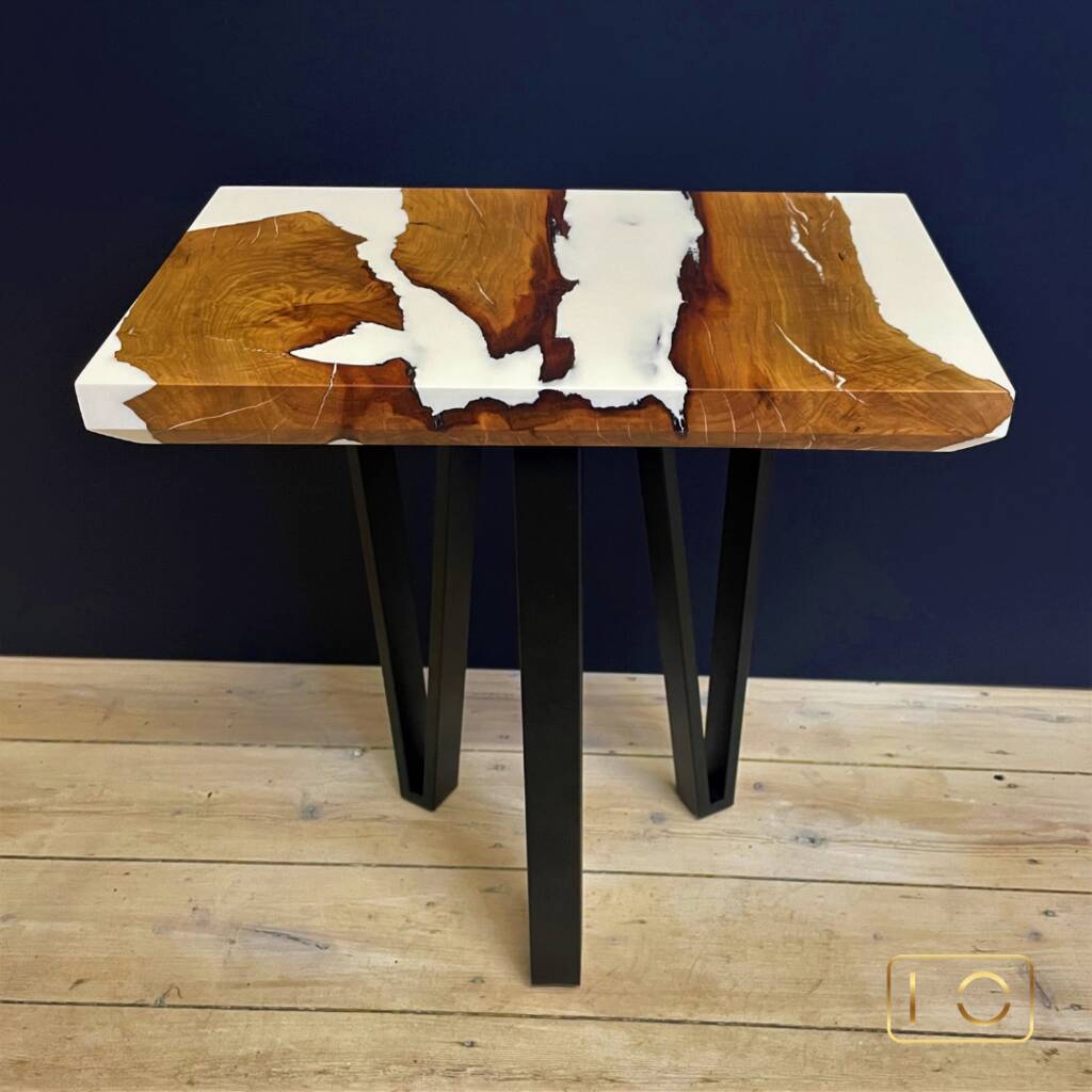 Cherry Wood And White Epoxy Resin Handmade Side Table By Studio Number