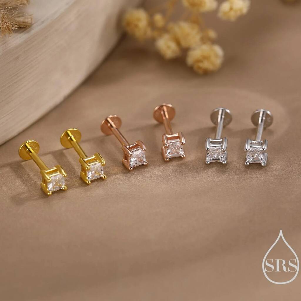 Sterling Silver Tiny Square Cz Internally Threaded Flat Back Earrings, 1 of 8