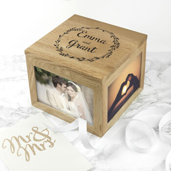 Personalised Couple's Wreath Oak Photo Keepsake Box, 3 of 6