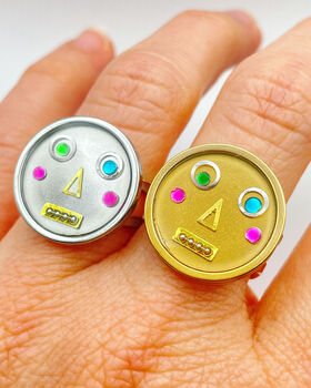 Statement Ring With Cute Robot Faces In Gold Or Silver, 5 of 10