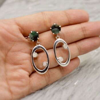 Raw Emerald And Moonstone Silver Earrings, 7 of 7