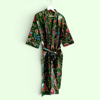 Green Floral Block Print 100% Cotton Dressing Gown, 3 of 7