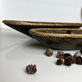Pair Of Vintage Hand Carved Wooden Bowls Rattan Trim, 5 of 9