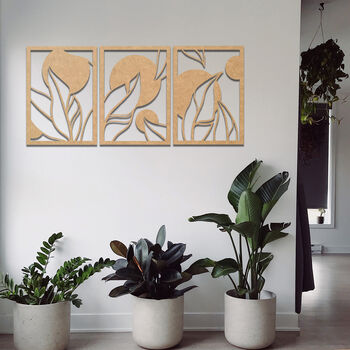 Trio Wooden Leaves Art Panels Set Sleek Decor Accent, 6 of 8
