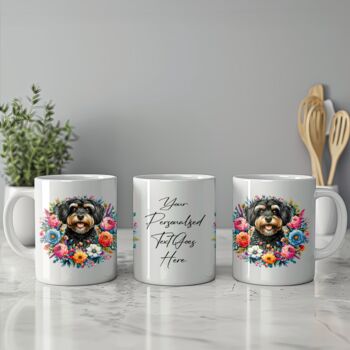 Personalised Jackapoo Summer Floral Dog Wreath Gift Keepsake Mug, 2 of 2