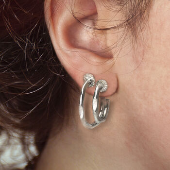 Hammered Open Hoop Stud Earrings In Silver, 2 of 4