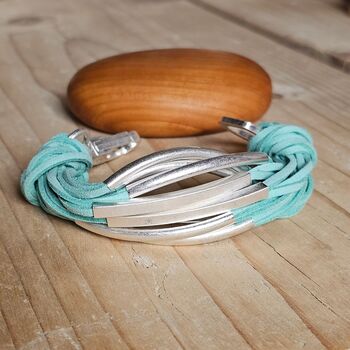 Multi Strand Aqua Green Suede Bracelet With Tube Beads, 2 of 3
