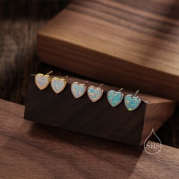 Sterling Silver Lab Opal Heart Stud Earrings, 7 of 12