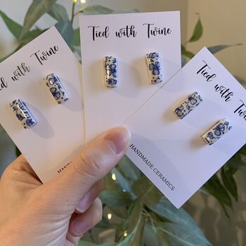 Minimalist Blue Floral Ceramic Bar Stud Earrings, Dainty Rectangular Studs, 8 of 11