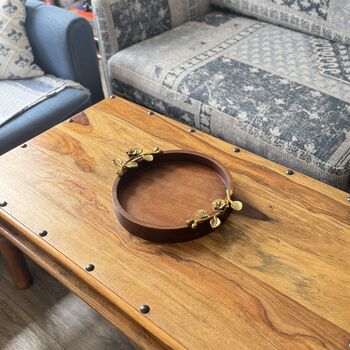 Mango Wood Round Tray With Antique Gold Handles, 10 of 12
