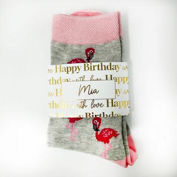 Birthday Flamingo Bamboo Socks With Gold Foil Label And Option To Personalise, 8 of 12