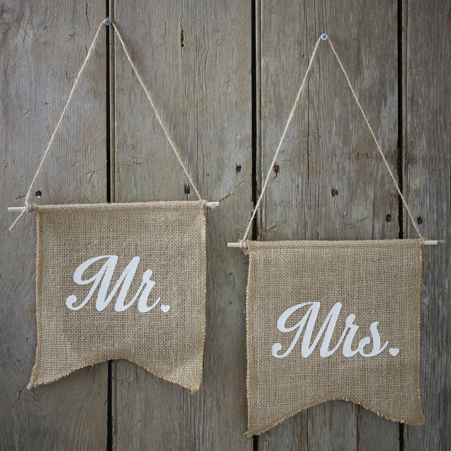 Vintage Hessian Mr And Mrs Flag Signs, 1 of 2