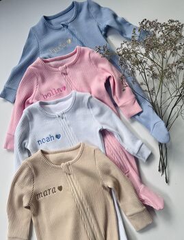 Personalised Heart Baby Zip Sleepsuit | Newborn Gift, 3 of 6