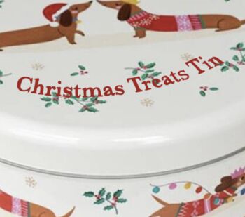 Personalised Festive Sausage Dog Cake Storage Tin, 2 of 5