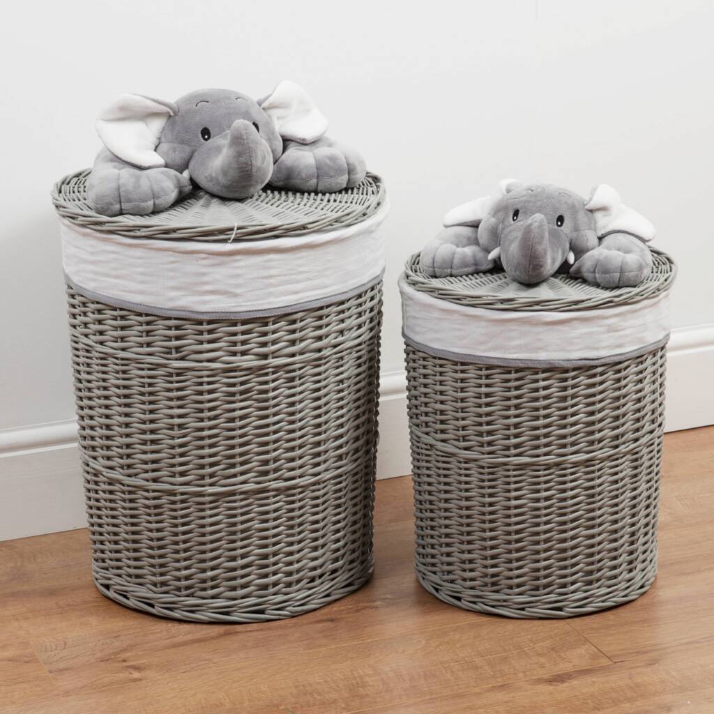 Medium 56cm Grey Wicker Laundry Basket With Elephant By Animal Crackers
