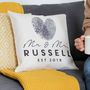 Personalised Mr And Mrs Heart Print Wedding Cushion, thumbnail 1 of 2