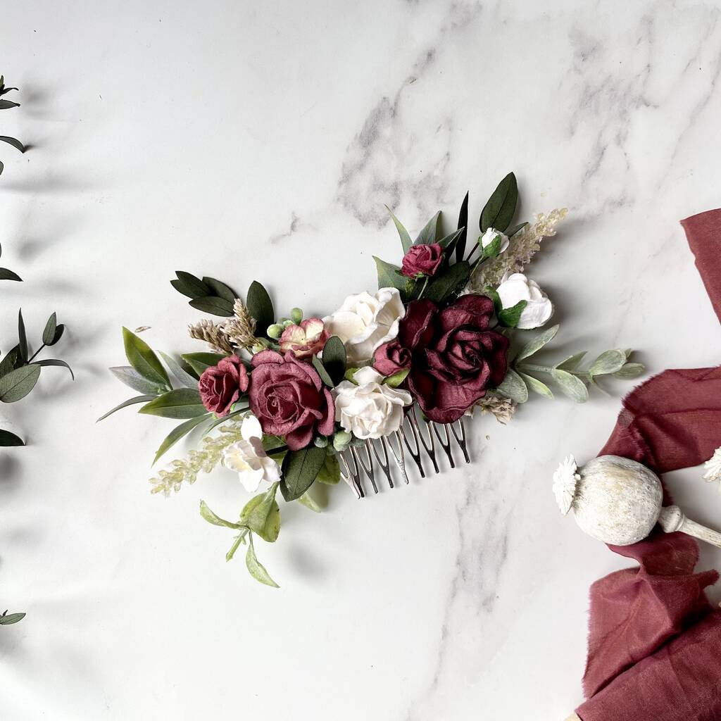 Burgundy And White Floral Hair Comb, 1 of 4