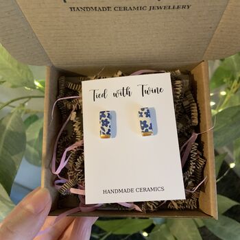 Blue And Gold Flower Print Ceramic Bar Stud Earrings, Minimalist Rectangular Studs, 7 of 8