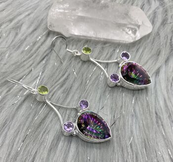 Mystic Quartz Silver Drop Earrings: Peridot Amethyst, August February Birthstone, 2 of 8