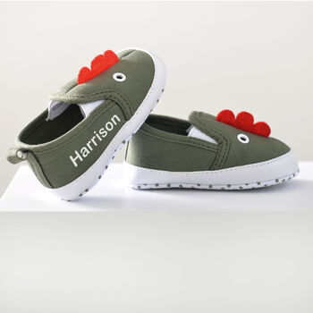 Personalised Dinosaur Baby Shoes Khaki, 2 of 8