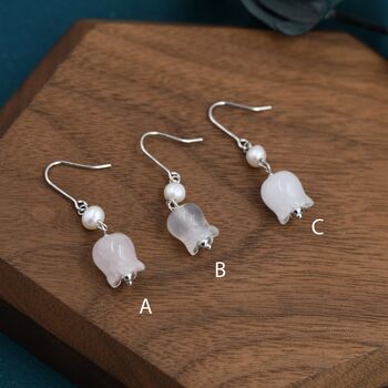 Sterling Silver Carved Jade Lily Of The Valley Earrings With Natural Freshwater Pearls, 2 of 12