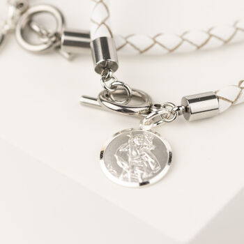 White Leather Sterling St Christopher Wristband, 2 of 5