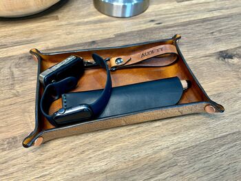 Personalised Rectangle Burnt Tan Leather Desk Tray, 5 of 12