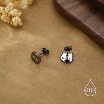 Sterling Silver Black Rhodium Coated Cat Earrings, 7 of 12