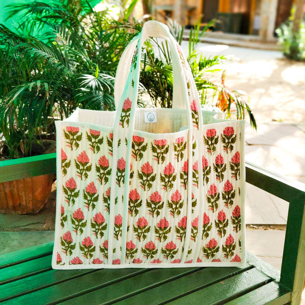 Large Quilted Market Tote Bag With Pink Floral Block Print Design, 1 of 10