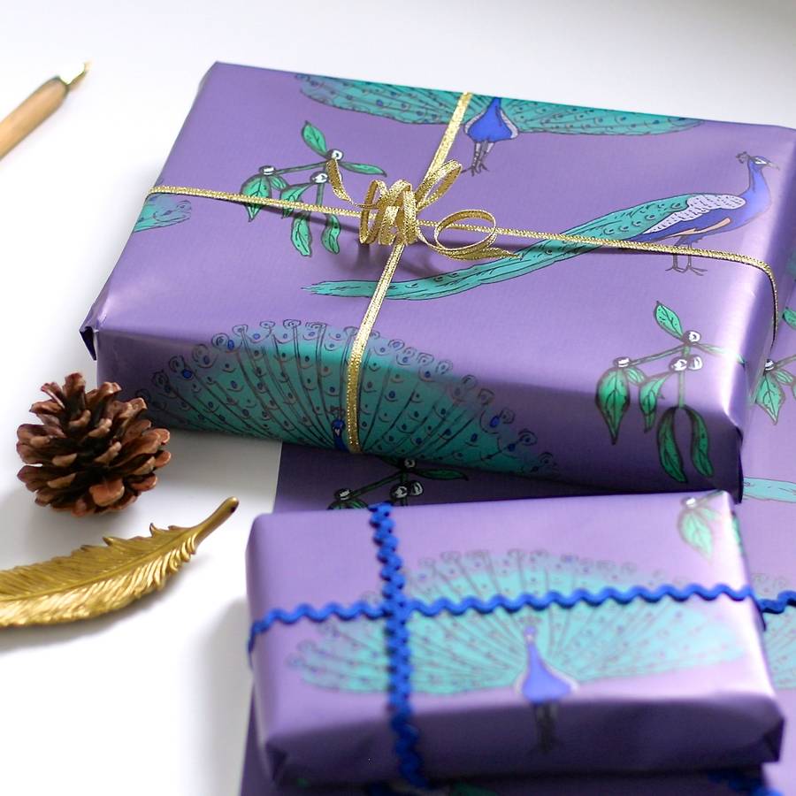 Peacock Christmas Wrapping Paper Gift Set By Laura Crow 