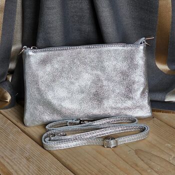 Metallic Leather Cross Body Pouch Clutch Bag In Silver, 2 of 3