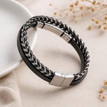 Personalised Mens Black Leather And Stainless Steel ID Bar Bracelet, 2 of 10