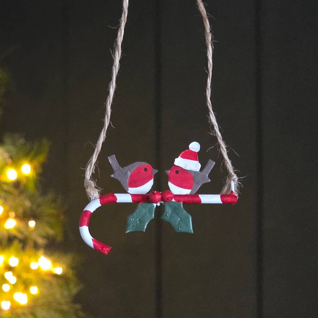 Robins On A Candy Cane Hanging Christmas Decoration, 1 of 2
