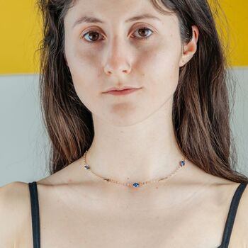 Blue Evil Eye Sideways Cross Necklace Protection Choker, 3 of 7